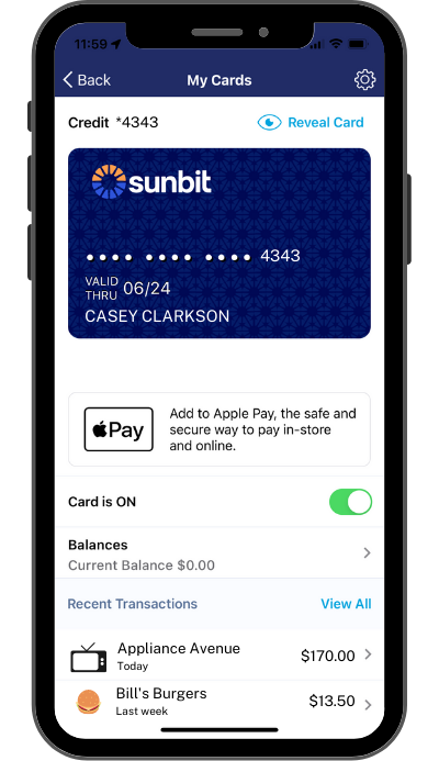 "My Cards" screen in the MySunbit mobile app
