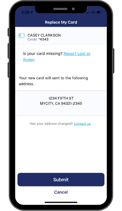 The "Replace My Card" screen in the MySunbit mobile app